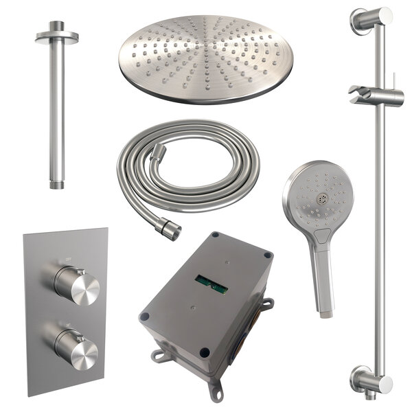 Brauer Brauer Brushed Editon Regendoucheset:  Thermostatische Inbouwkraan met 3-Weg Omstel, Plafondarm, Douchekop 30cm, Glijstang met Wateruitlaat, 3-Standen Handdouche & Doucheslang - Set 48 - Draaiknoppen - PVD - Geborsteld RVS