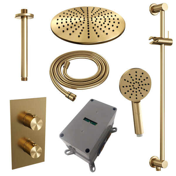 Brauer Brauer Gold Editon Regendoucheset:  Thermostatische Inbouwkraan met 3-Weg Omstel, Plafondarm, Douchekop 30cm, Glijstang met Wateruitlaat, 3-Standen Handdouche & Doucheslang - Set 48 - Draaiknoppen - PVD - Geborsteld Goud