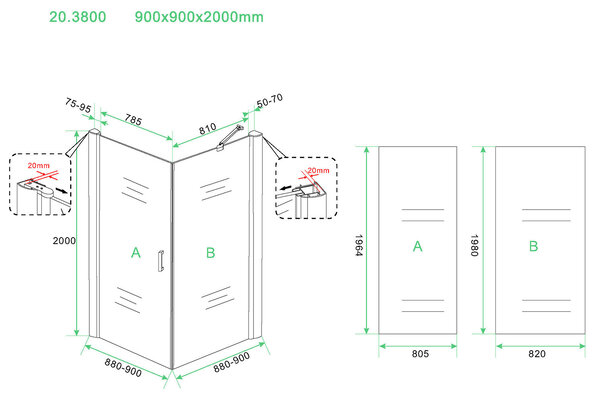 Wiesbaden Wiesbaden Harm Douchecabine Draaideur met Zijwand - Nano Coating - 8mm Helder Glas - 90x90x200cm - Mat Zwart