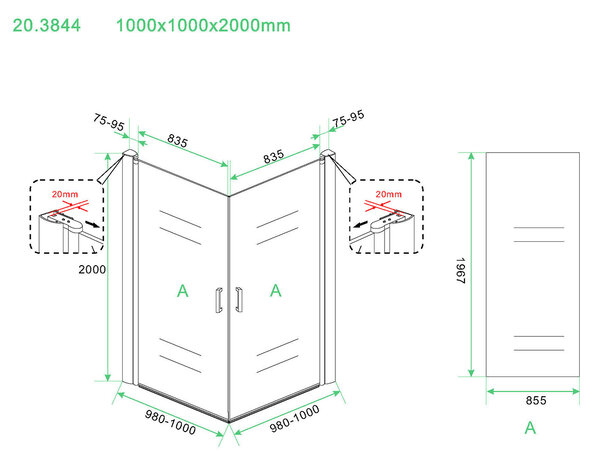 Wiesbaden Wiesbaden Salone Douchecabine met 2 Draaideuren - 8mm Helder Glaswand - 100x100x200cm - Nano Coating - Chroom