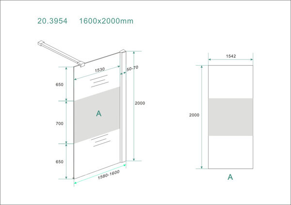 Wiesbaden Wiesbaden Partly Inloopdouche - Nano Coating - 10mm Helder/Melk Glas - 160x200cm - Chrome