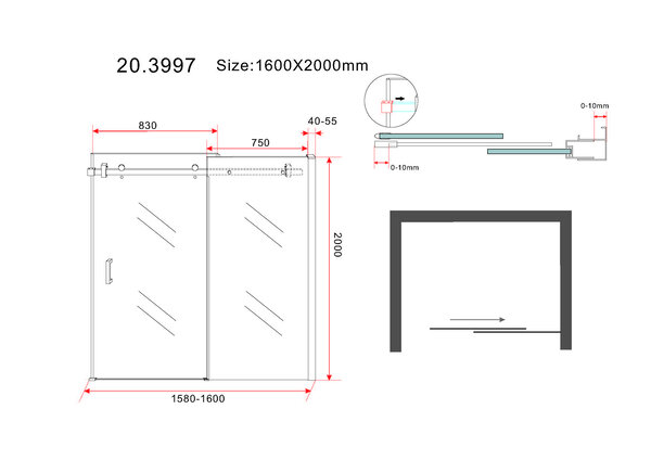 Wiesbaden Wiesbaden Puerta Schuifdeur - Muurprofiel - Nano Coating - 8mm Helder Glas - 160x202cm - Chroom