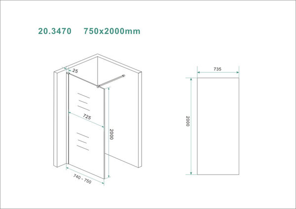 Wiesbaden Wiesbaden Slim Los Glasplaat - Nano Coating - 8mm Helder Glas - Zonder Profiel & Stabilisatiestang - 75x200cm