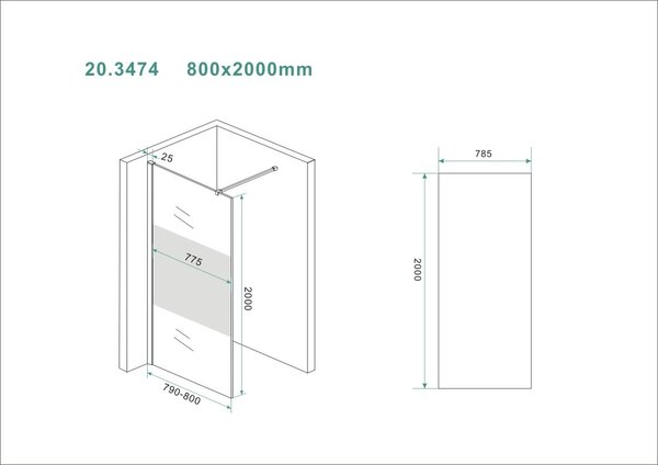 Wiesbaden Wiesbaden Slim Los Glasplaat met Middenband - Nano Coating - 8mm Helder Glas - Zonder Profiel & Stabilisatiestang - 80x200cm