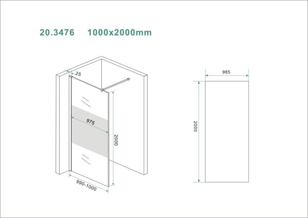 Wiesbaden Wiesbaden Slim Los Glasplaat met Middenband - Nano Coating - 8mm Helder Glas - Zonder Profiel & Stabilisatiestang - 100x200cm