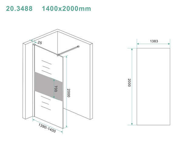 Wiesbaden Wiesbaden Slim Los Glasplaat met Middenband - Nano Coating - 8mm Helder Glas - Zonder Profiel & Stabilisatiestang - 140x200cm