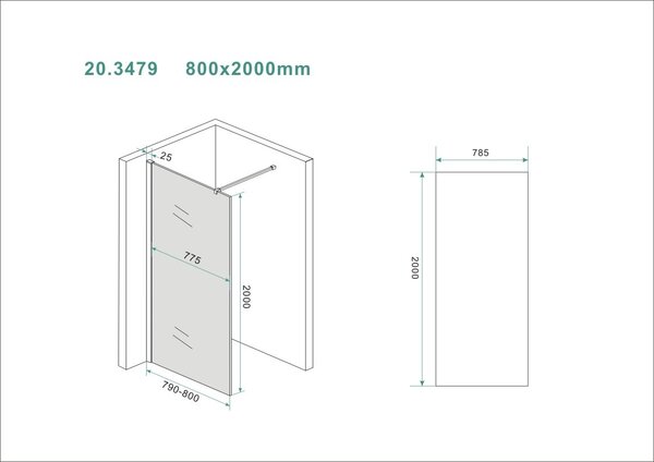 Wiesbaden Wiesbaden Slim Los Glasplaat - Nano Coating - 8mm Rookglas - Zonder Profiel & Stabilisatiestang - 80x200cm