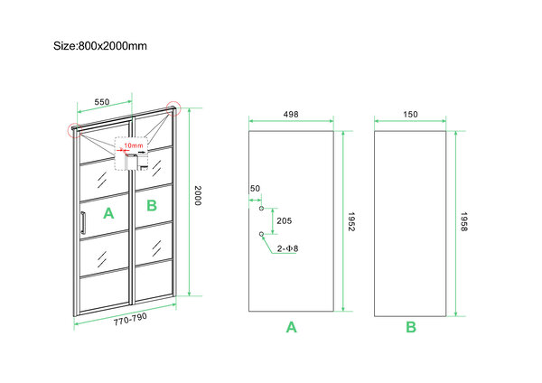 Wiesbaden Wiesbaden Horizon Nisdeur met Raster en Vast Paneel - Nano Coating - 8mm Helder Glas - 80x200cm - Mat Zwart