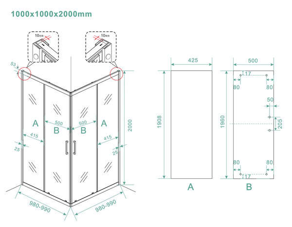 Wiesbaden Wiesbaden Skyline Hoekinstap met 2 Schuifdeuren - Nano Coating - 8mm Helder Glas - 100x100x200cm - Mat Zwart