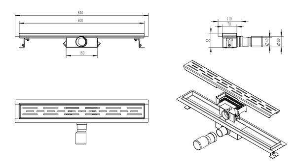 Wiesbaden Wiesbaden Douchegoot met Rooster, Vloerflens en Zijuitloop - 60cm - Mat Zwart