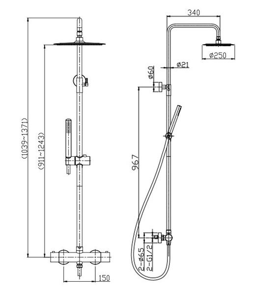 Wiesbaden Wiesbaden Caral Thermostatische Opbouw Douchekraan met Stijgbuis, Douchekop Ø25cm, Staaf Handdouche & Doucheslang - Draaiknoppen - Geborsteld RVS