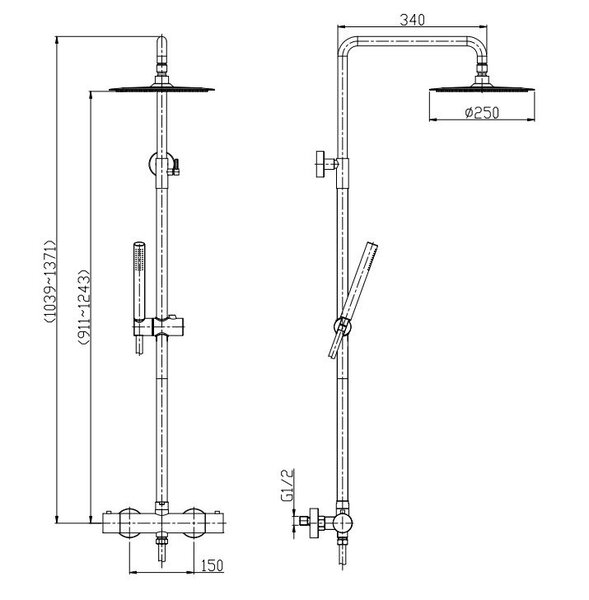 Wiesbaden Wiesbaden Caral Thermostatische Opbouw Douchekraan met Stijgbuis, Douchekop Ø25cm, Staaf Handdouche & Doucheslang - Draaiknoppen - Mat Zwart