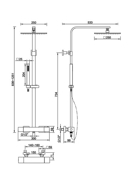 Wiesbaden Wiesbaden Rombo Thermostatische Opbouw Regendouche met Kraan, Glijstang en Staaf Handdouche - 25x25cm - Chroom