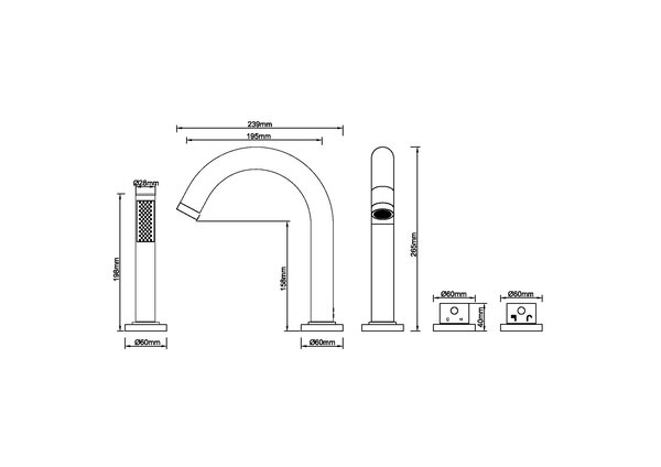 Wiesbaden Wiesbaden Caral 4-Gats Thermostatische Badrandkraan Afbouwset met Staaf Handdouche - Chrome