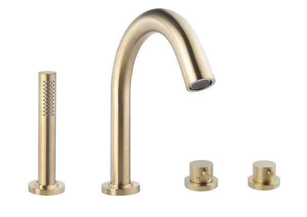 Wiesbaden Wiesbaden Caral 4-Gats Thermostatische Badrandkraan Afbouwset met Staaf Handdouche - Geborsteld Messing