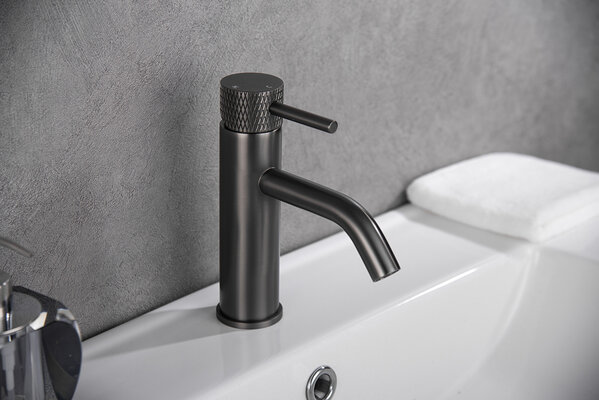 Wiesbaden Wiesbaden Ribbd Wastafelkraan - Opbouw - Laag - Geborsteld Gunmetal