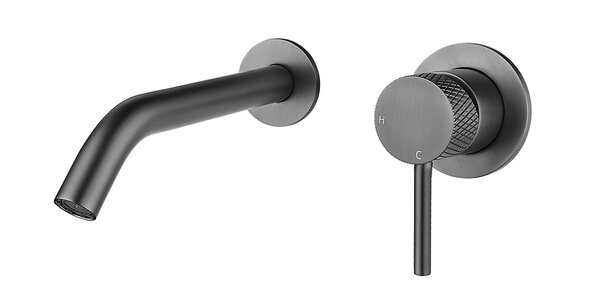 Wiesbaden Wiesbaden Ribbd Inbouw Wastafelkraan met Gebogen Uitloop inclusief Afdekplaat & Rozetten - Geborsteld Gunmetal