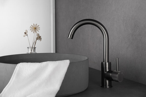 Wiesbaden Wiesbaden Ribbd Wastafelkraan met Draaibare Uitloop - Opbouw - Geborsteld Gunmetal