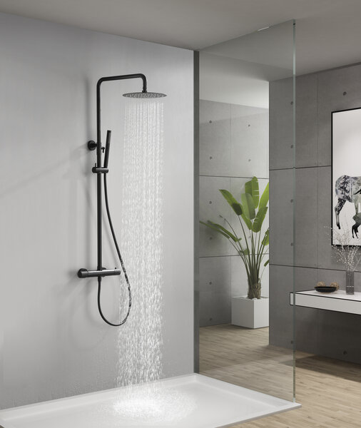 Wiesbaden Wiesbaden Ribbd Thermostatische Regendouche met Glijstang en Staaf Handdouche - Opbouw - Ø25cm - Mat Zwart