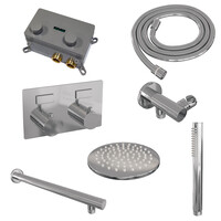 Brauer Brauer Chrome Editon Regendoucheset:  Thermostatische Inbouwkraan met Drukknoppen, Rechte Wandarm, Douchekop 20cm, Wandhouder met Wateruitlaat, Staafhanddouche & Doucheslang - Set 49 - Draaiknoppen - Chroom
