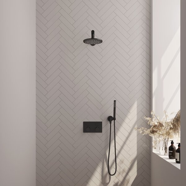 Brauer Brauer Black Editon Regendoucheset:  Thermostatische Inbouwkraan met Drukknoppen, Rechte Wandarm, Douchekop 20cm, Wandhouder met Wateruitlaat, Staafhanddouche & Doucheslang - Set 49 - Draaiknoppen - Mat Zwart