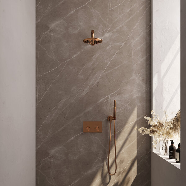Brauer Brauer Copper Editon Regendoucheset:  Thermostatische Inbouwkraan met Drukknoppen, Rechte Wandarm, Douchekop 20cm, Wandhouder met Wateruitlaat, Staafhanddouche & Doucheslang - Set 49 - Draaiknoppen - PVD - Geborsteld Koper