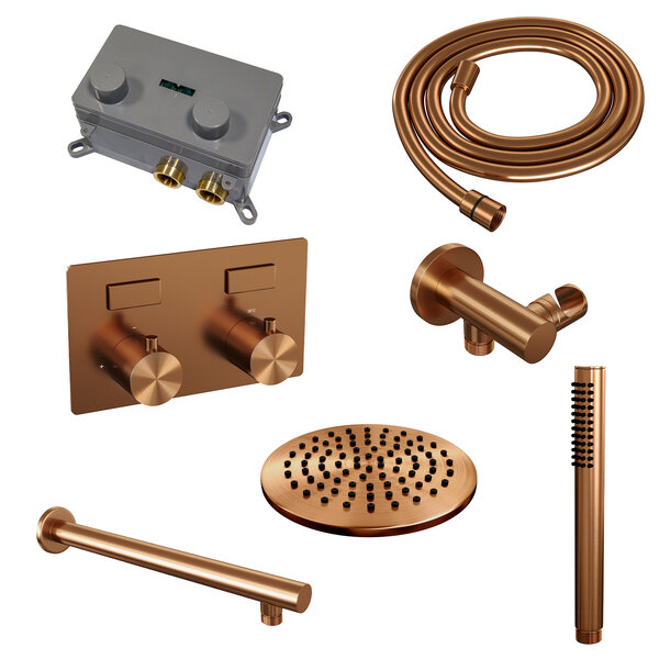 Brauer Brauer Copper Editon Regendoucheset:  Thermostatische Inbouwkraan met Drukknoppen, Rechte Wandarm, Douchekop 20cm, Wandhouder met Wateruitlaat, Staafhanddouche & Doucheslang - Set 49 - Draaiknoppen - PVD - Geborsteld Koper