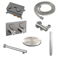 Brauer Brauer Brushed Editon Regendoucheset:  Thermostatische Inbouwkraan met Drukknoppen, Rechte Wandarm, Douchekop 20cm, Wandhouder met Wateruitlaat, Staafhanddouche & Doucheslang - Set 49 - Draaiknoppen - PVD - Geborsteld RVS