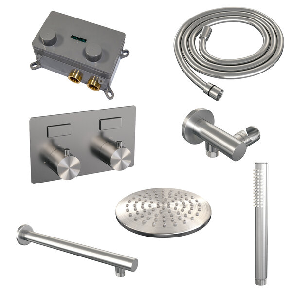 Brauer Brauer Brushed Editon Regendoucheset:  Thermostatische Inbouwkraan met Drukknoppen, Rechte Wandarm, Douchekop 20cm, Wandhouder met Wateruitlaat, Staafhanddouche & Doucheslang - Set 49 - Draaiknoppen - PVD - Geborsteld RVS