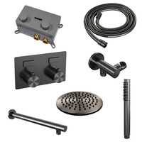 Brauer Brauer Gunmetal Editon Regendoucheset:  Thermostatische Inbouwkraan met Drukknoppen, Rechte Wandarm, Douchekop 20cm, Wandhouder met Wateruitlaat, Staafhanddouche & Doucheslang - Set 49 - Draaiknoppen - PVD - Geborsteld Gunmetal