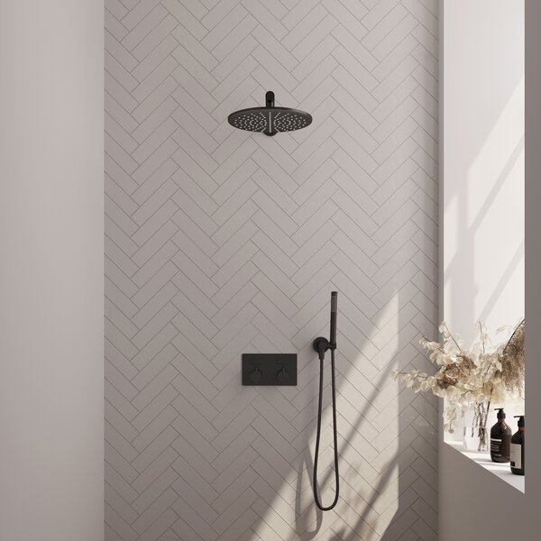 Brauer Brauer Black Editon Regendoucheset:  Thermostatische Inbouwkraan met Drukknoppen, Rechte Wandarm, Douchekop 30cm, Wandhouder met Wateruitlaat, Staafhanddouche & Doucheslang - Set 50 - Draaiknoppen - Mat Zwart