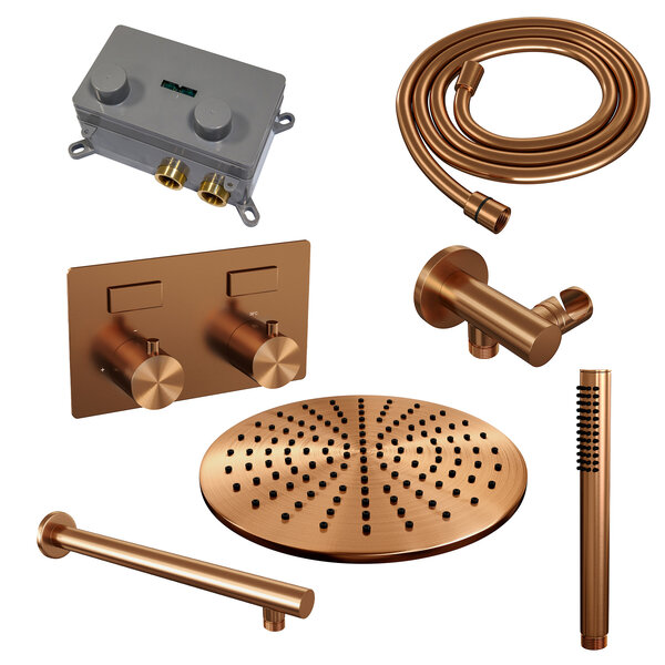 Brauer Brauer Copper Editon Regendoucheset:  Thermostatische Inbouwkraan met Drukknoppen, Rechte Wandarm, Douchekop 30cm, Wandhouder met Wateruitlaat, Staafhanddouche & Doucheslang - Set 50 - Draaiknoppen - PVD - Geborsteld Koper
