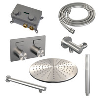 Brauer Brauer Brushed Editon Regendoucheset:  Thermostatische Inbouwkraan met Drukknoppen, Rechte Wandarm, Douchekop 30cm, Wandhouder met Wateruitlaat, Staafhanddouche & Doucheslang - Set 50 - Draaiknoppen - PVD - Geborsteld RVS