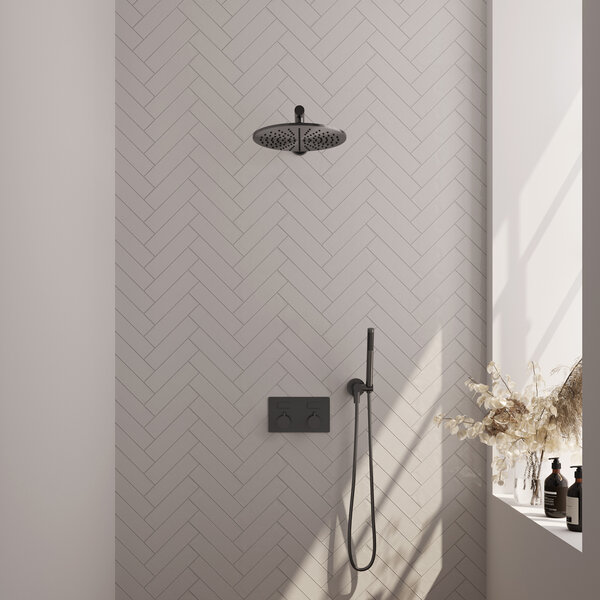 Brauer Brauer Gunmetal Editon Regendoucheset:  Thermostatische Inbouwkraan met Drukknoppen, Rechte Wandarm, Douchekop 30cm, Wandhouder met Wateruitlaat, Staafhanddouche & Doucheslang - Set 50 - Draaiknoppen - PVD - Geborsteld Gunmetal