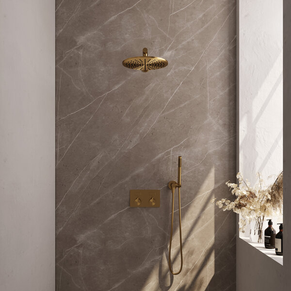 Brauer Brauer Gold Editon Regendoucheset:  Thermostatische Inbouwkraan met Drukknoppen, Rechte Wandarm, Douchekop 30cm, Wandhouder met Wateruitlaat, Staafhanddouche & Doucheslang - Set 50 - Draaiknoppen - PVD - Geborsteld Goud