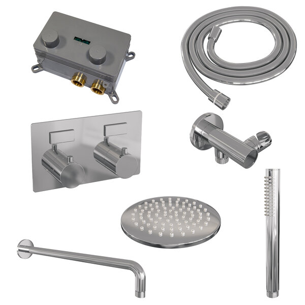 Brauer Brauer Chrome Editon Regendoucheset:  Thermostatische Inbouwkraan met Drukknoppen, Gebogen Wandarm, Douchekop 20cm, Wandhouder met Wateruitlaat, Staafhanddouche & Doucheslang - Set 51 - Draaiknoppen - Chroom