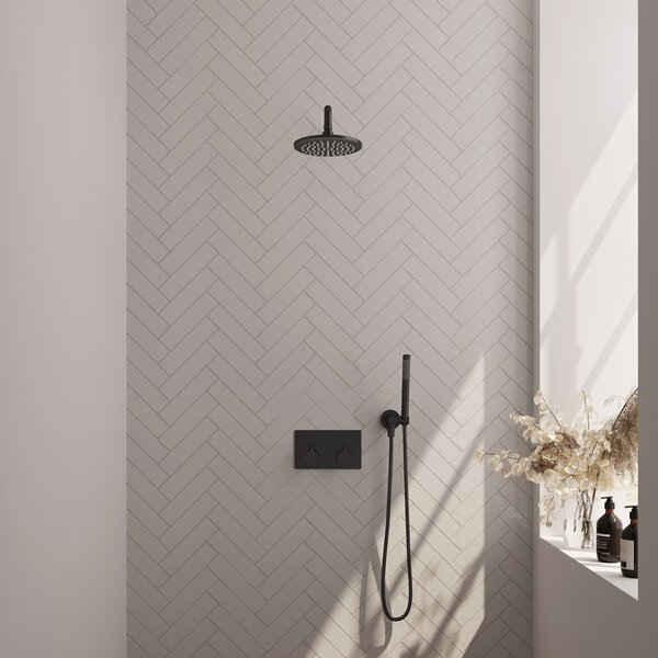 Brauer Brauer Black Editon Regendoucheset:  Thermostatische Inbouwkraan met Drukknoppen, Gebogen Wandarm, Douchekop Ø20cm, Wandhouder met Wateruitlaat, Staafhanddouche & Doucheslang - Set 51 - Draaiknoppen - Mat Zwart