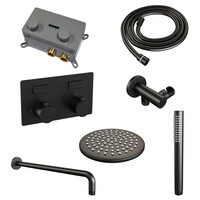 Brauer Brauer Black Editon Regendoucheset:  Thermostatische Inbouwkraan met Drukknoppen, Gebogen Wandarm, Douchekop Ø20cm, Wandhouder met Wateruitlaat, Staafhanddouche & Doucheslang - Set 51 - Draaiknoppen - Mat Zwart