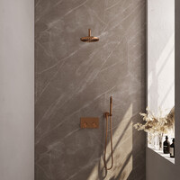 Brauer Brauer Copper Editon Regendoucheset:  Thermostatische Inbouwkraan met Drukknoppen, Gebogen Wandarm, Douchekop 20cm, Wandhouder met Wateruitlaat, Staafhanddouche & Doucheslang - Set 51 - Draaiknoppen - PVD - Geborsteld Koper