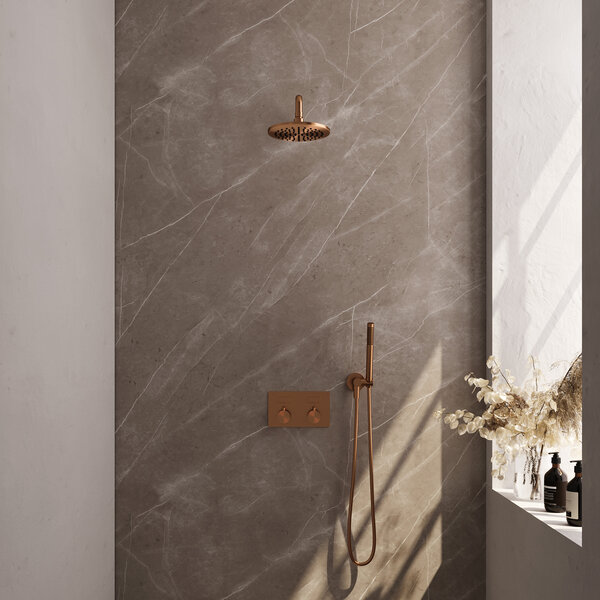 Brauer Brauer Copper Editon Regendoucheset:  Thermostatische Inbouwkraan met Drukknoppen, Gebogen Wandarm, Douchekop 20cm, Wandhouder met Wateruitlaat, Staafhanddouche & Doucheslang - Set 51 - Draaiknoppen - PVD - Geborsteld Koper