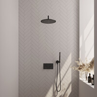 Brauer Brauer Black Editon Regendoucheset:  Thermostatische Inbouwkraan met Drukknoppen, Gebogen Wandarm, Douchekop 30cm, Wandhouder met Wateruitlaat, Staafhanddouche & Doucheslang - Set 52 - Draaiknoppen - Mat Zwart