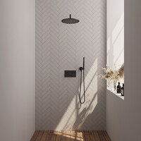 Brauer Brauer Black Editon Regendoucheset:  Thermostatische Inbouwkraan met Drukknoppen, Gebogen Wandarm, Douchekop 30cm, Wandhouder met Wateruitlaat, Staafhanddouche & Doucheslang - Set 52 - Draaiknoppen - Mat Zwart