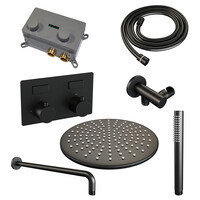 Brauer Brauer Black Editon Regendoucheset:  Thermostatische Inbouwkraan met Drukknoppen, Gebogen Wandarm, Douchekop 30cm, Wandhouder met Wateruitlaat, Staafhanddouche & Doucheslang - Set 52 - Draaiknoppen - Mat Zwart