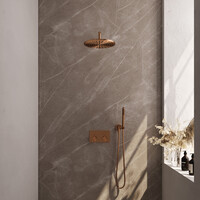 Brauer Brauer Copper Editon Regendoucheset:  Thermostatische Inbouwkraan met Drukknoppen, Gebogen Wandarm, Douchekop 30cm, Wandhouder met Wateruitlaat, Staafhanddouche & Doucheslang - Set 52 - Draaiknoppen - PVD - Geborsteld Koper