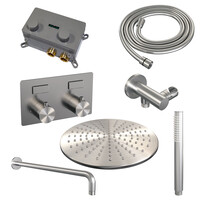 Brauer Brauer Brushed Editon Regendoucheset:  Thermostatische Inbouwkraan met Drukknoppen, Gebogen Wandarm, Douchekop 30cm, Wandhouder met Wateruitlaat, Staafhanddouche & Doucheslang - Set 52 - Draaiknoppen - PVD - Geborsteld RVS
