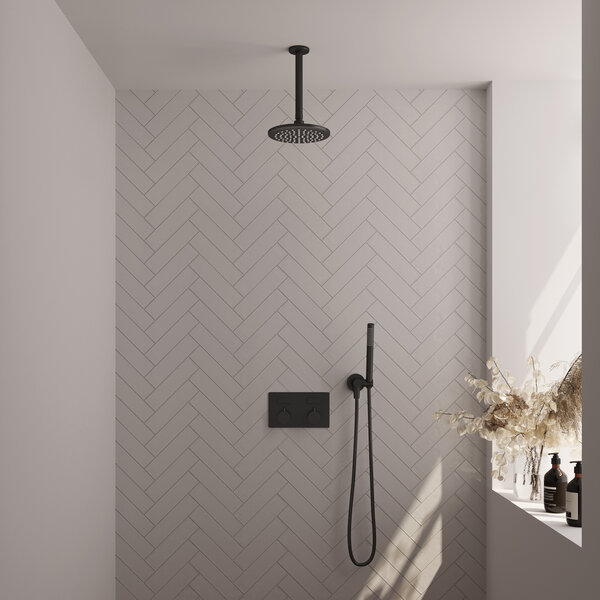 Brauer Brauer Black Editon Regendoucheset:  Thermostatische Inbouwkraan met Drukknoppen, Plafondarm, Douchekop 20cm, Wandhouder met Wateruitlaat, Staafhanddouche & Doucheslang - Set 53 - Draaiknoppen - Mat Zwart