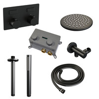 Brauer Brauer Black Editon Regendoucheset:  Thermostatische Inbouwkraan met Drukknoppen, Plafondarm, Douchekop 20cm, Wandhouder met Wateruitlaat, Staafhanddouche & Doucheslang - Set 53 - Draaiknoppen - Mat Zwart