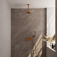Brauer Brauer Copper Editon Regendoucheset:  Thermostatische Inbouwkraan met Drukknoppen, Plafondarm, Douchekop 20cm, Wandhouder met Wateruitlaat, Staafhanddouche & Doucheslang - Set 53 - Draaiknoppen - PVD - Geborsteld Koper