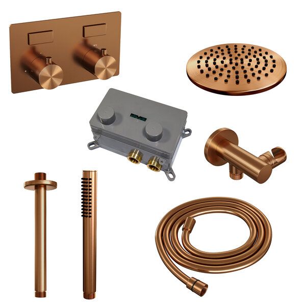 Brauer Brauer Copper Editon Regendoucheset:  Thermostatische Inbouwkraan met Drukknoppen, Plafondarm, Douchekop Ø20cm, Wandhouder met Wateruitlaat, Staafhanddouche & Doucheslang - Set 53 - Draaiknoppen - PVD - Geborsteld Koper