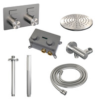 Brauer Brauer Brushed Editon Regendoucheset:  Thermostatische Inbouwkraan met Drukknoppen, Plafondarm, Douchekop 20cm, Wandhouder met Wateruitlaat, Staafhanddouche & Doucheslang - Set 53 - Draaiknoppen - PVD - Geborsteld RVS